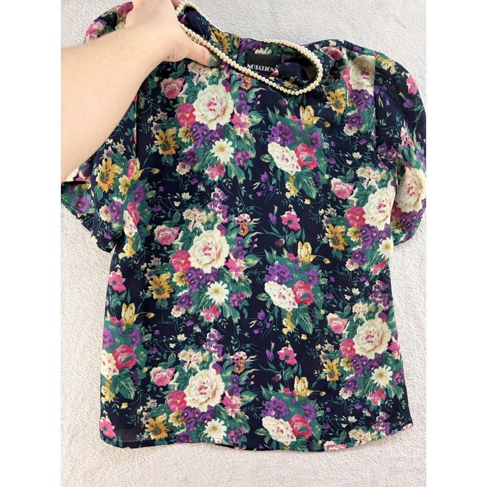 Notations Floral Sheer Blouse Womens 8 Multicolor Short Sleeve Beaded
